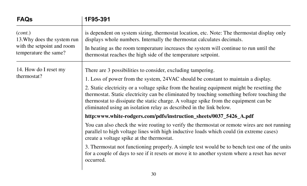 White Rodgers F95-391 operating instructions Cont, Occurred 