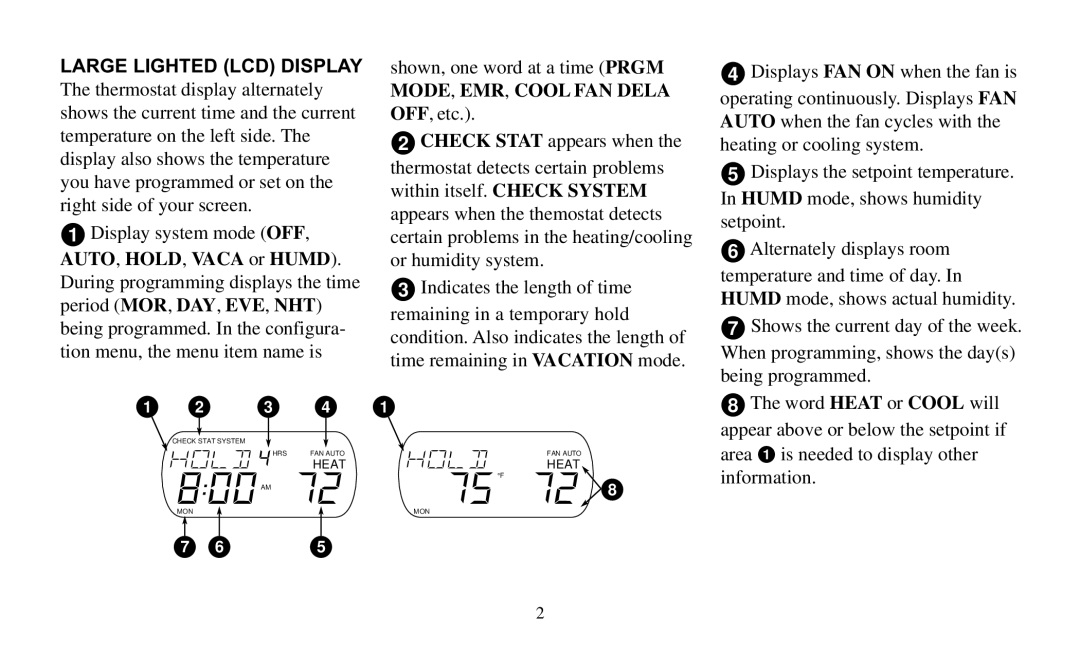 White Rodgers F95-391 operating instructions Large Lighted LCD Display, Prgm, Off, Displays, FAN on 