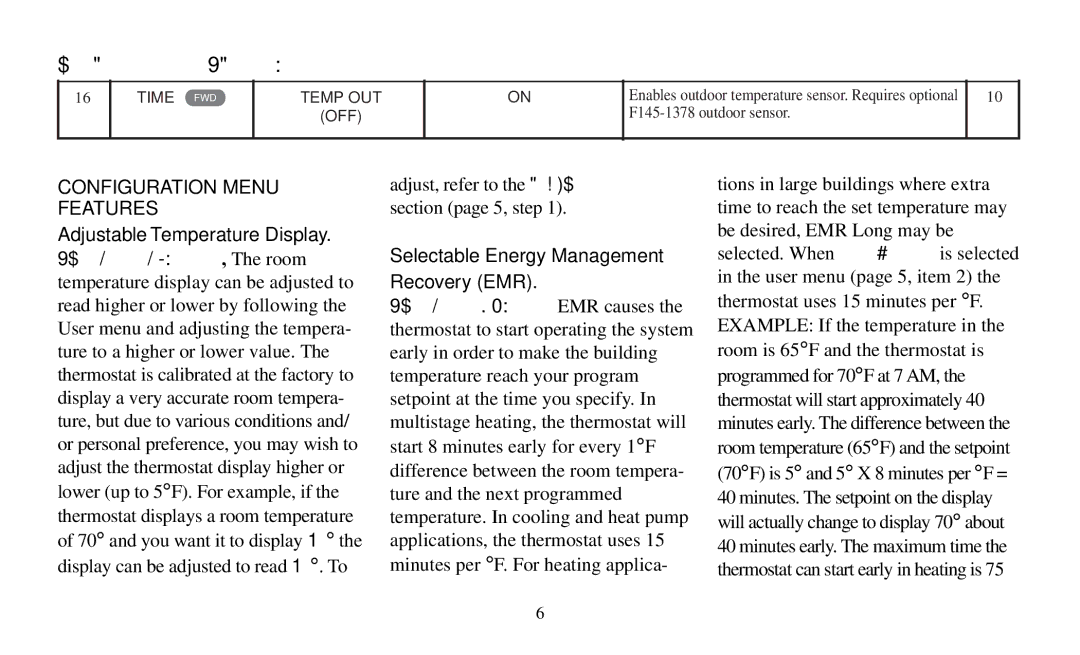 White Rodgers F95-391 Configuration Menu Features, Adjustable Temperature Display, Selectable Energy Management, EMR on L 