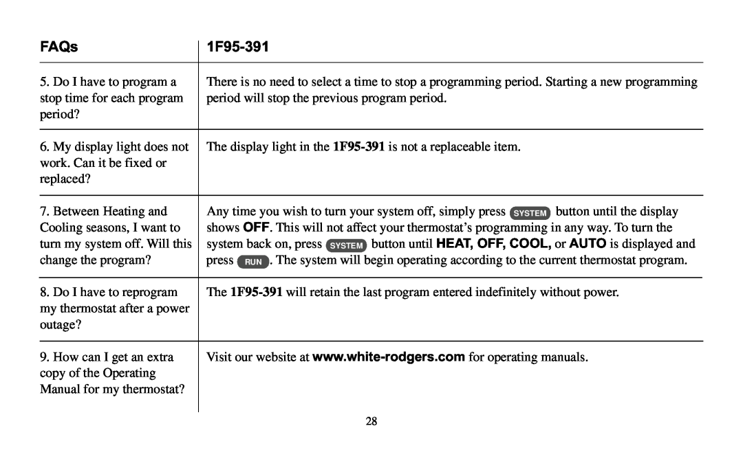 White Rodgers operating instructions HEAT, OFF, COOL, or AUTO is displayed and, 1F95-391, FAQs 