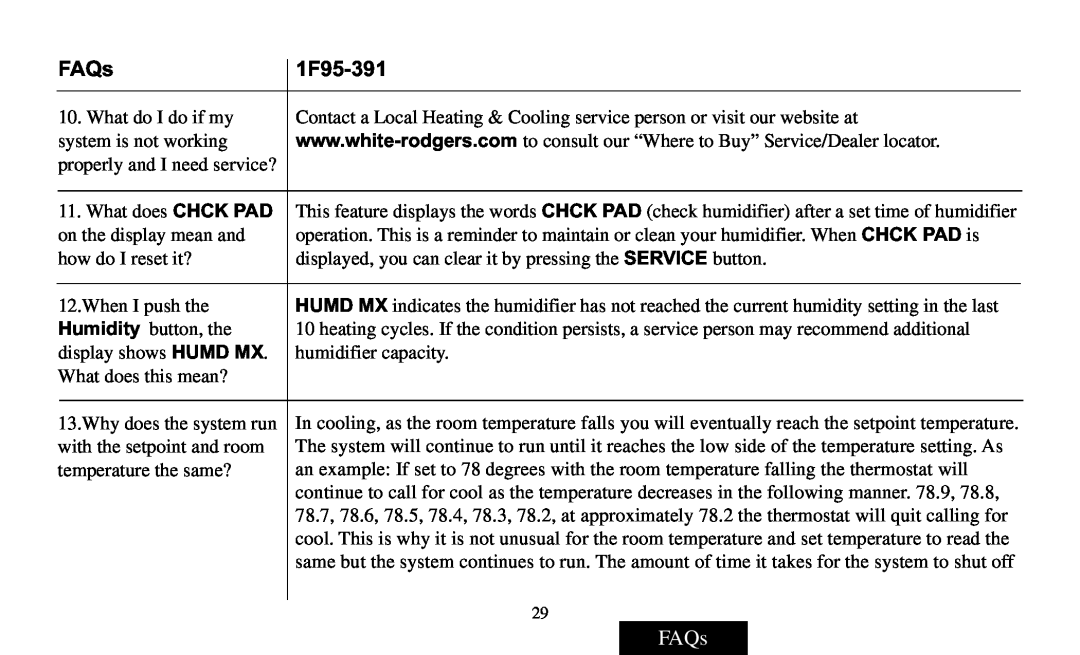 White Rodgers operating instructions Chck Pad, CHCK PAD is, Humd Mx, FAQs, 1F95-391, SERVICE button 