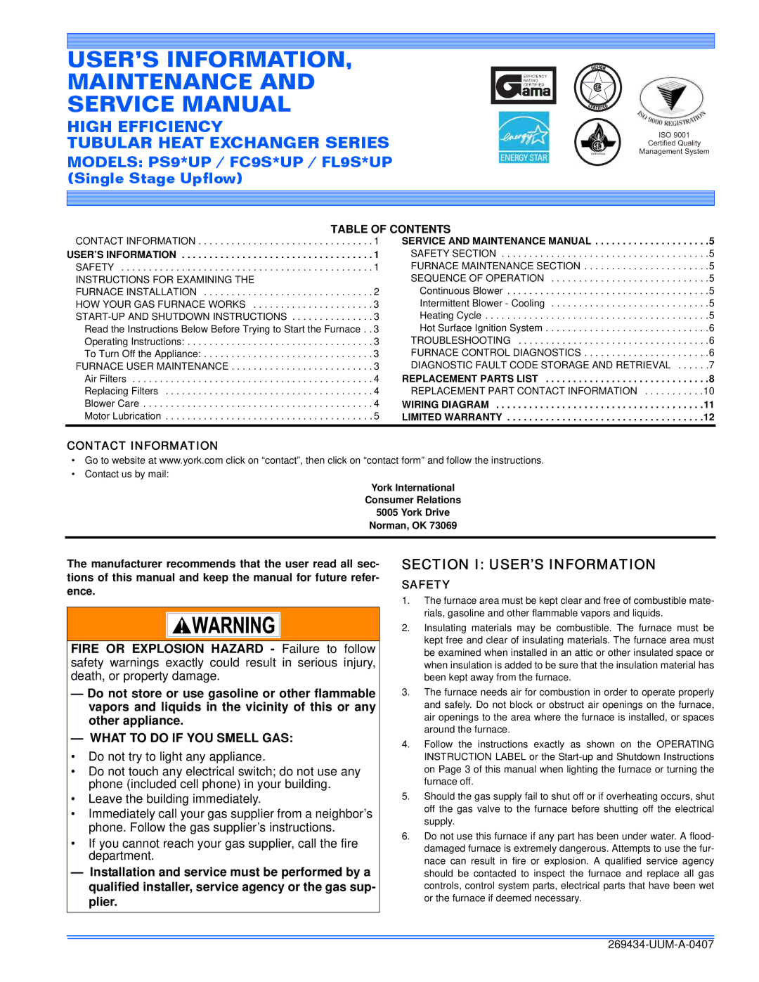 White Rodgers PS9 Up, FL9s UP service manual Section I USER’S Information, Table of Contents, Contact Information, Safety 