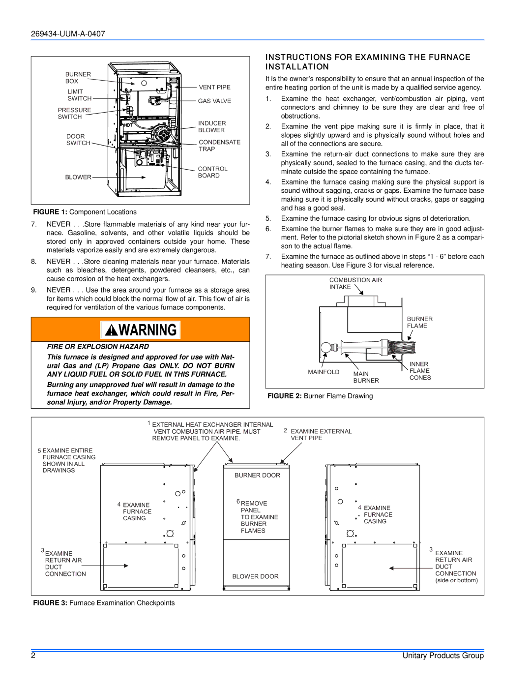 White Rodgers FC9s Up, FL9s UP, PS9 Up Instructions for Examining the Furnace Installation, Fire or Explosion Hazard 