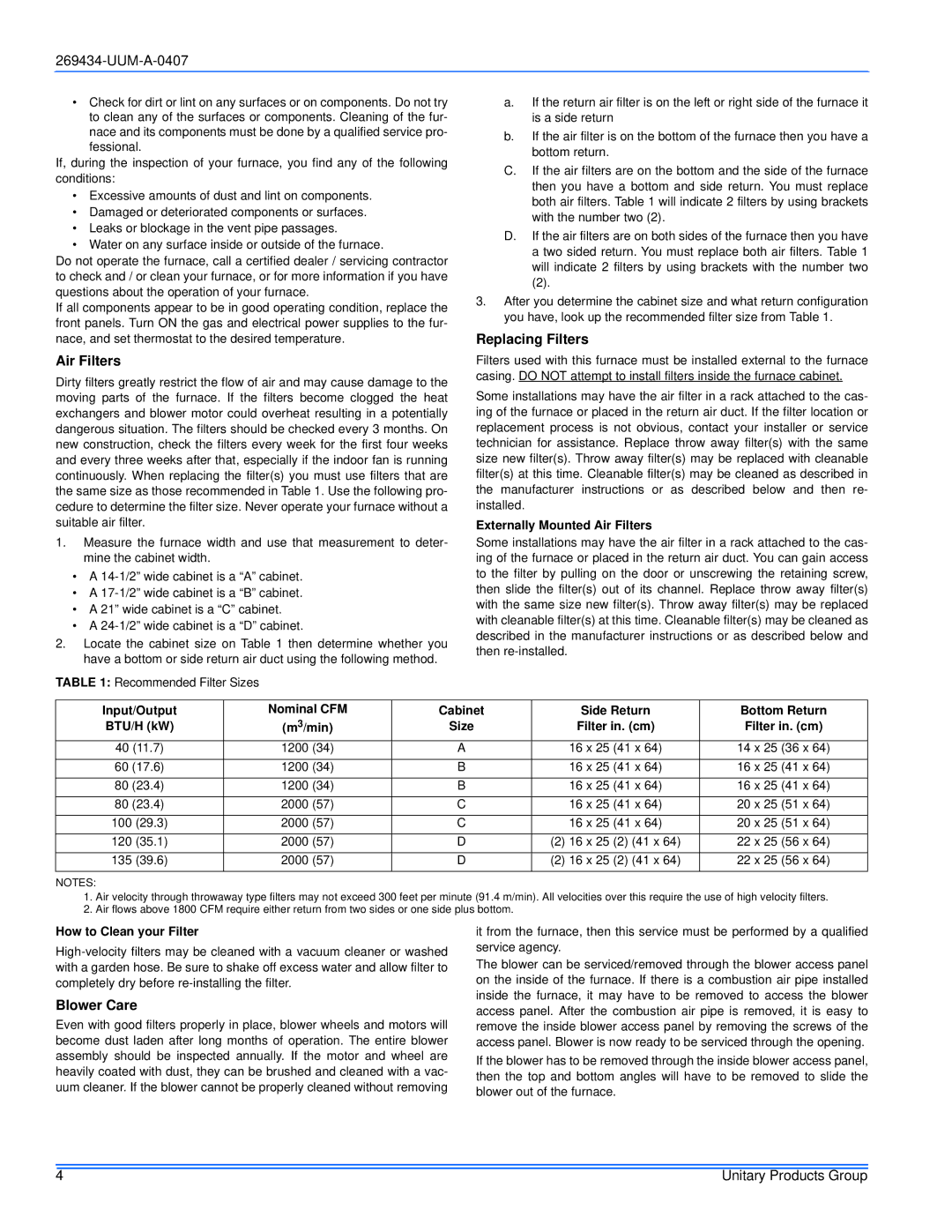 White Rodgers PS9 Up, FL9s UP, FC9s Up service manual Air Filters, Replacing Filters, Blower Care 