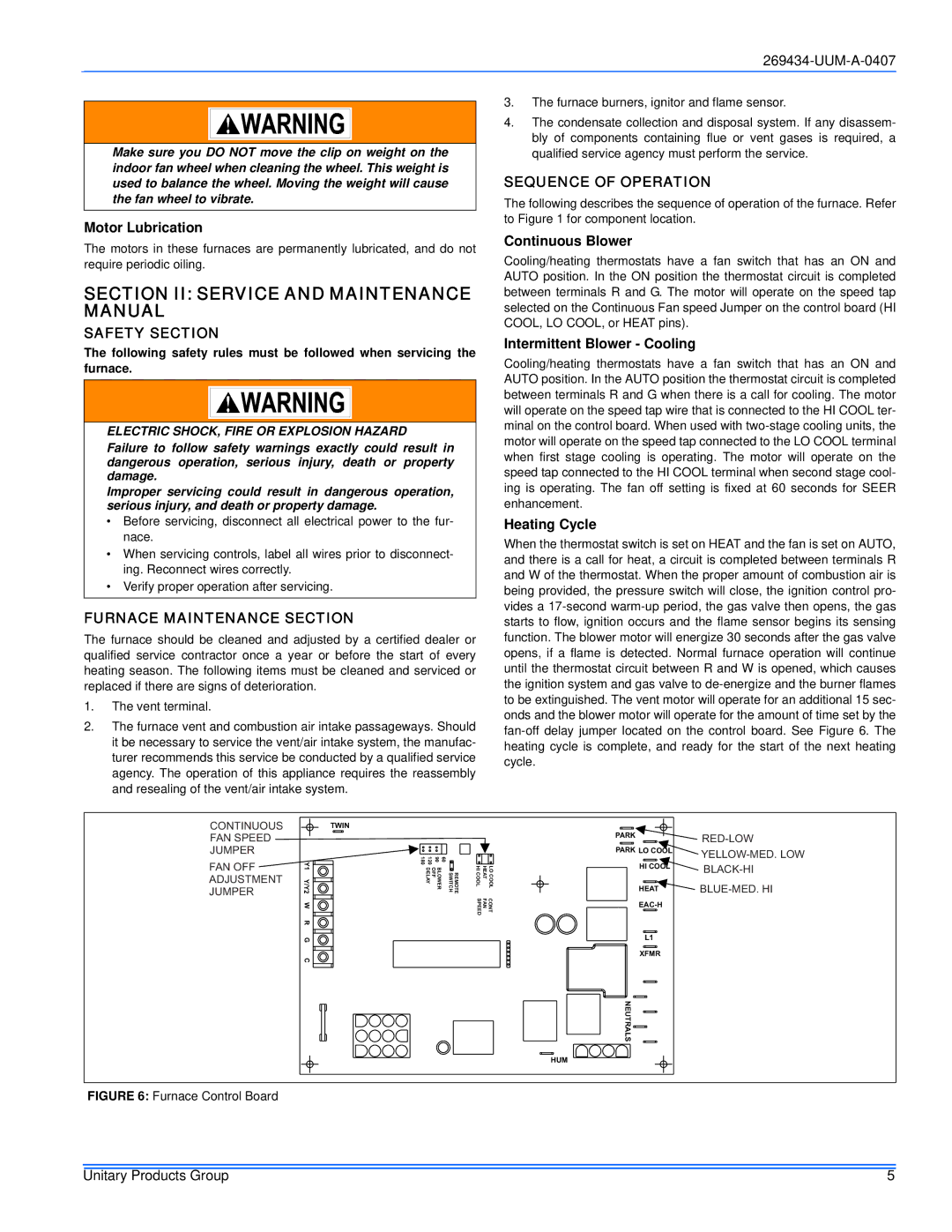 White Rodgers FC9s Up, FL9s UP Section II Service and Maintenance Manual, Safety Section, Furnace Maintenance Section 