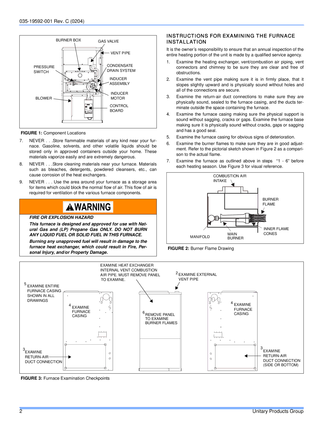 White Rodgers G9T, FG9 service manual Instructions for Examining the Furnace Installation, Fire or Explosion Hazard 