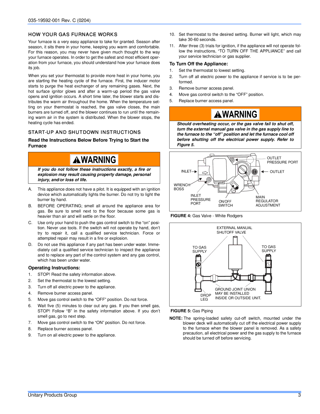 White Rodgers FG9, G9T service manual HOW Your GAS Furnace Works, START-UP and Shutdown Instructions, Operating Instructions 