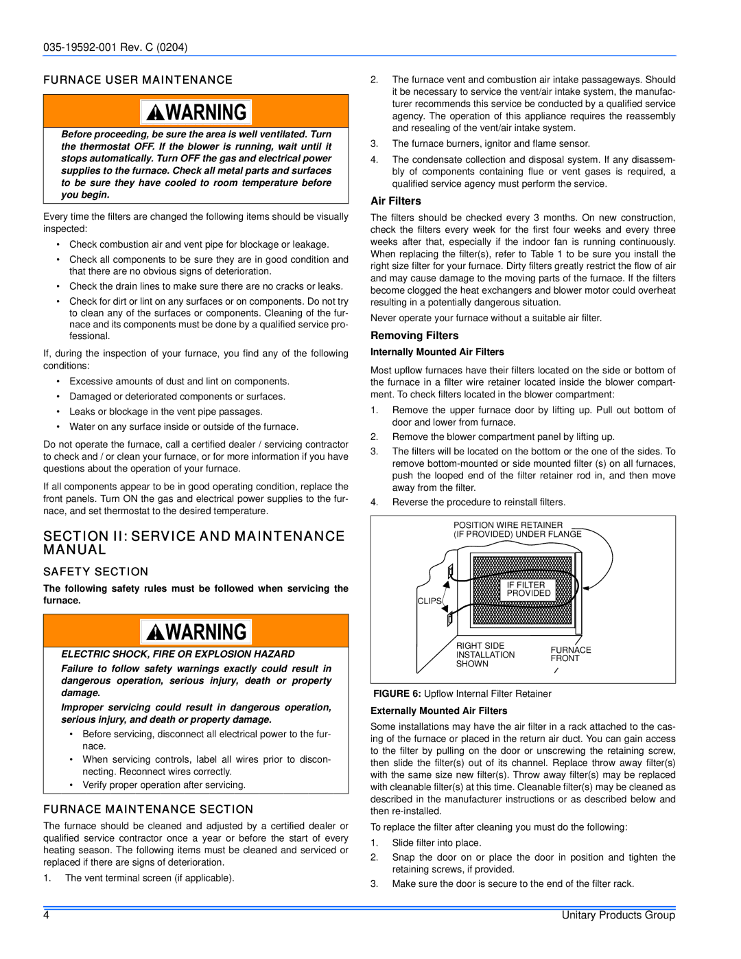 White Rodgers G9T, FG9 service manual Section II Service and Maintenance Manual, Furnace User Maintenance, Safety Section 