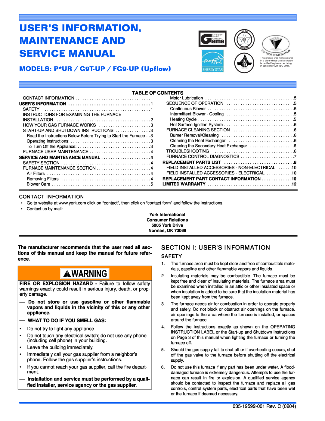 White Rodgers FG9, G9T service manual Section I User’S Information, Table Of Contents, Contact Information, Safety 