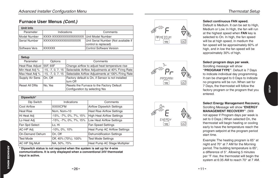 White Rodgers HC-TST501CMMS manual Furnace User Menus, Select continuous FAN speed, Select program days per week 