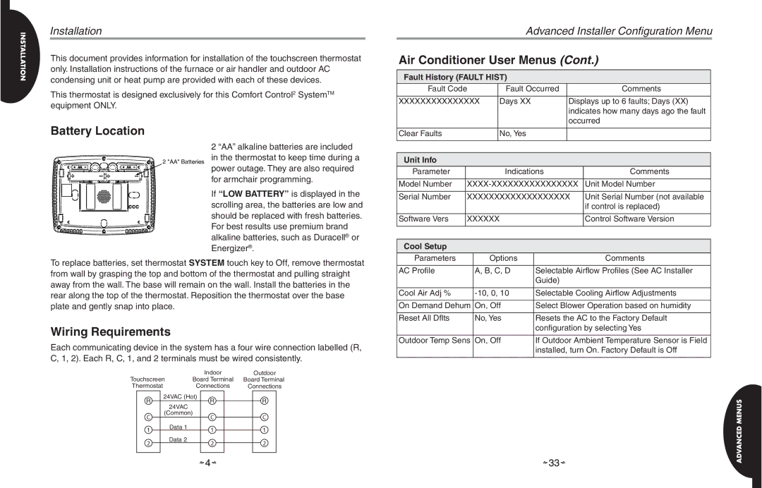 White Rodgers HC-TST501CMMS manual Air Conditioner User Menus, Battery Location, Wiring Requirements 