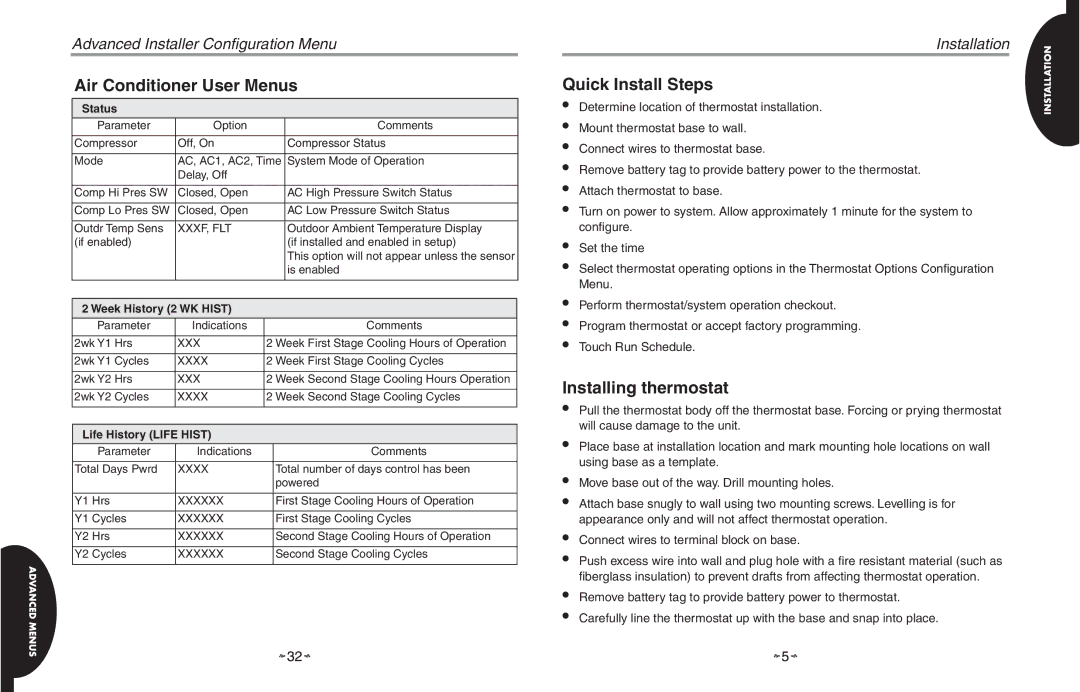 White Rodgers HC-TST501CMMS manual Quick Install Steps, Installing thermostat, Status, Week History 2 WK Hist 