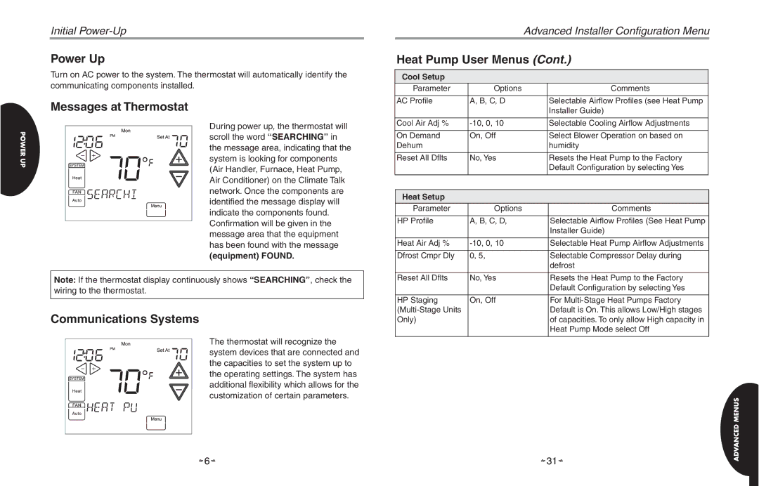 White Rodgers HC-TST501CMMS manual Power Up, Messages at Thermostat, Communications Systems, Heat Pump User Menus 