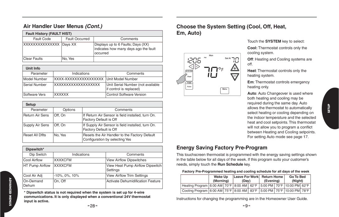 White Rodgers HC-TST501CMMS Air Handler User Menus, Choose the System Setting Cool, Off, Heat, Em, Auto, Setup, Dipswitch 