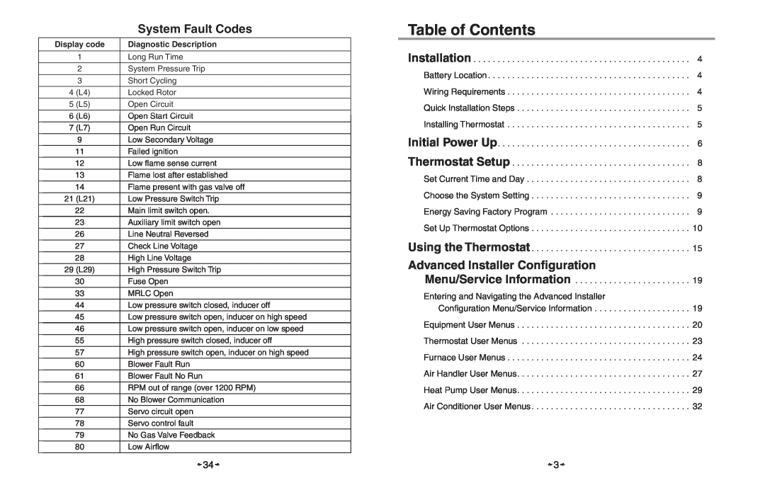 White Rodgers HC-TST501CMMS manual System Fault Codes, Table of Contents, Advanced Installer Conﬁguration 