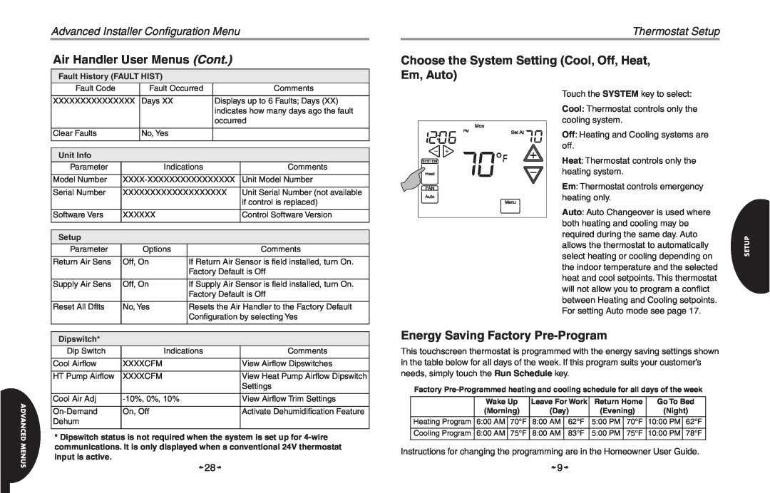 White Rodgers HC-TST501CMMS manual Air Handler User Menus Cont, Energy Saving Factory Pre-Program, Thermostat Setup 