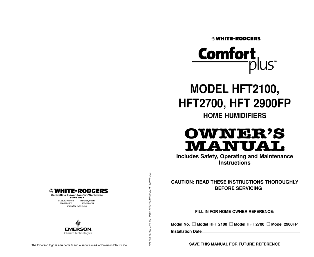 White Rodgers HFT2700, HFT 2900FP manual Model HFT2100 