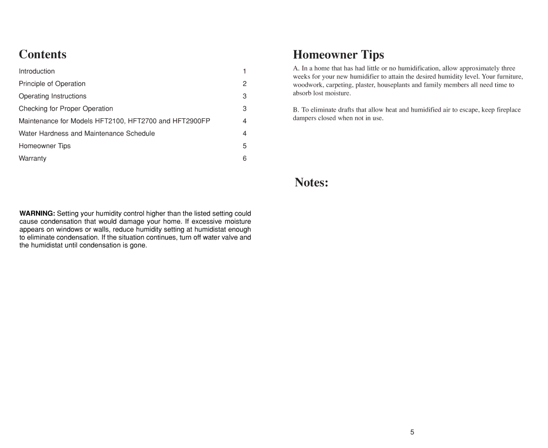 White Rodgers HFT2100, HFT 2900FP, HFT2700 manual Contents, Homeowner Tips 