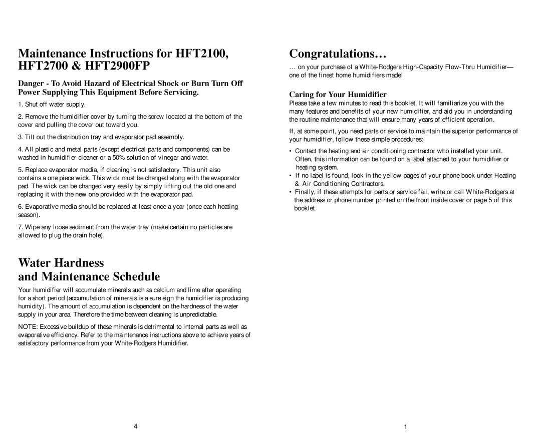 White Rodgers HFT 2900FP Maintenance Instructions for HFT2100, HFT2700 & HFT2900FP, Water Hardness Maintenance Schedule 