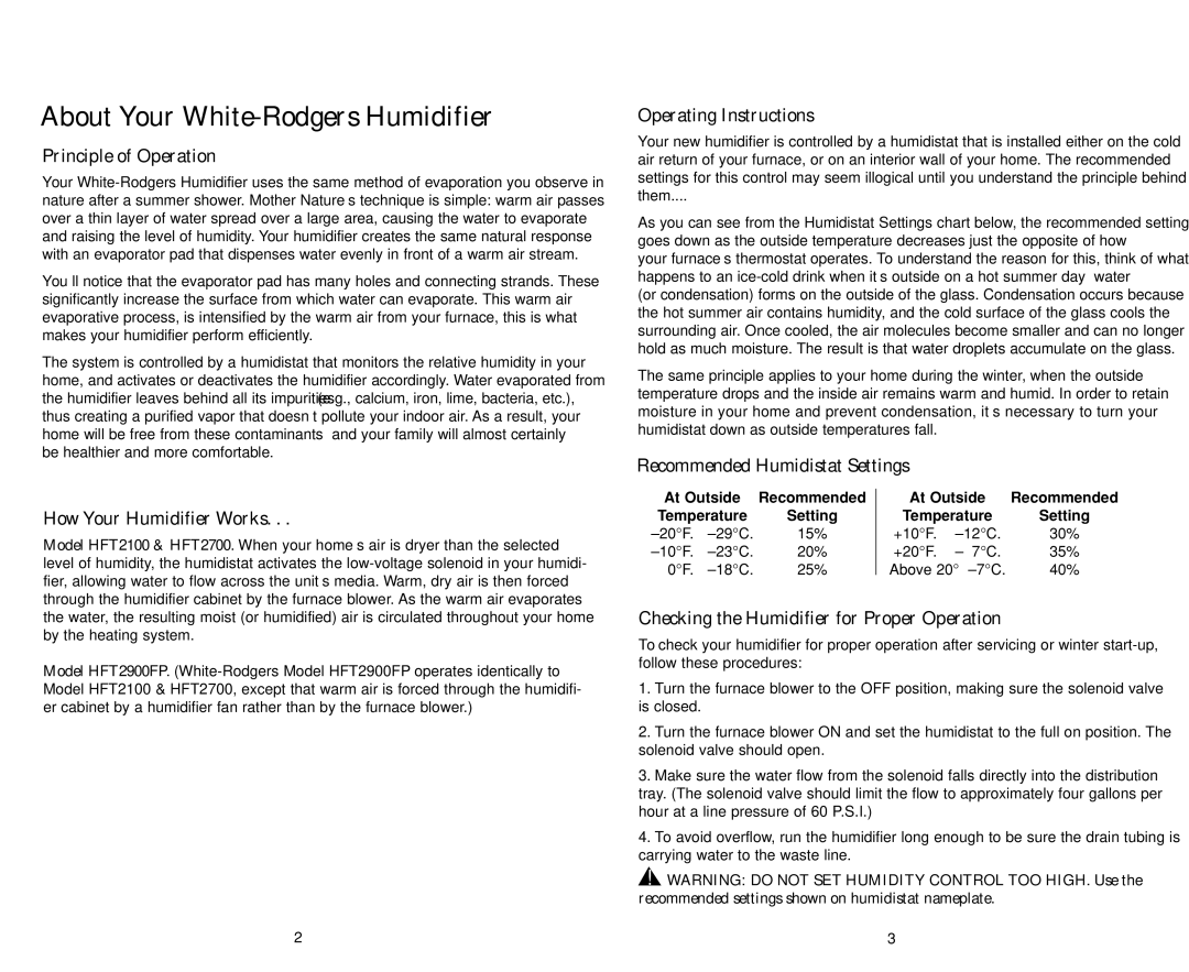 White Rodgers HFT2700, HFT 2900FP, HFT2100 manual About Your White-Rodgers Humidifier, Principle of Operation 