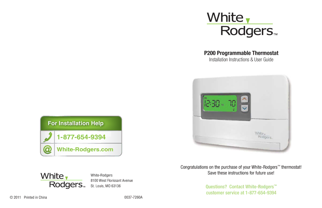 White Rodgers P200 installation instructions White-Rodgers.com, Installation Instructions & User Guide 