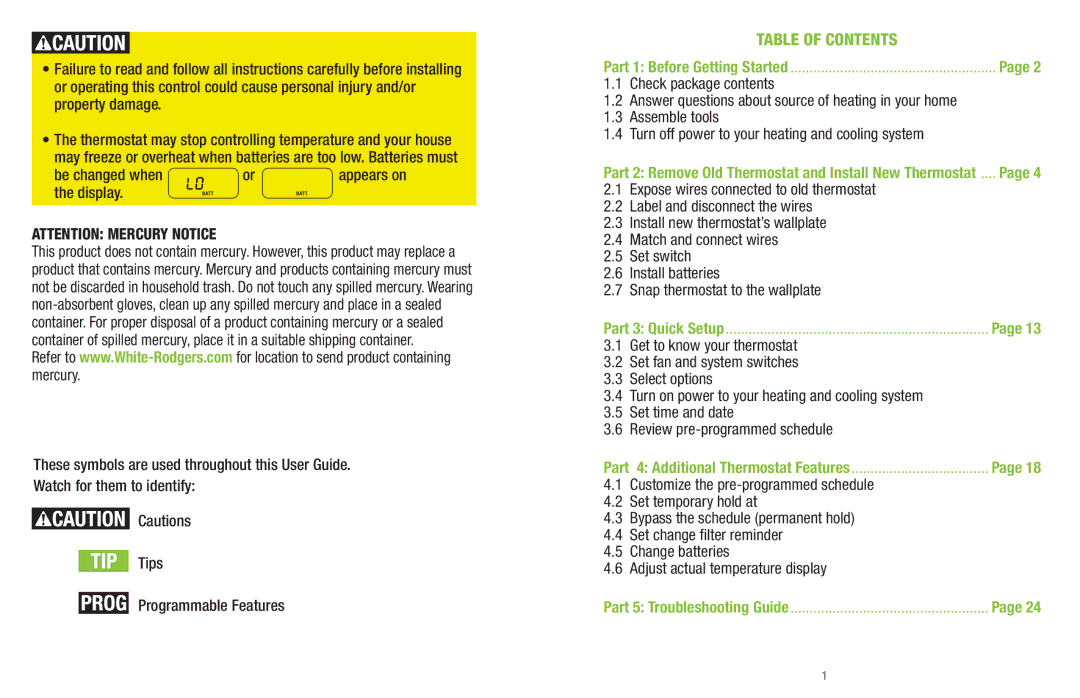 White Rodgers P200 installation instructions Table of Contents 