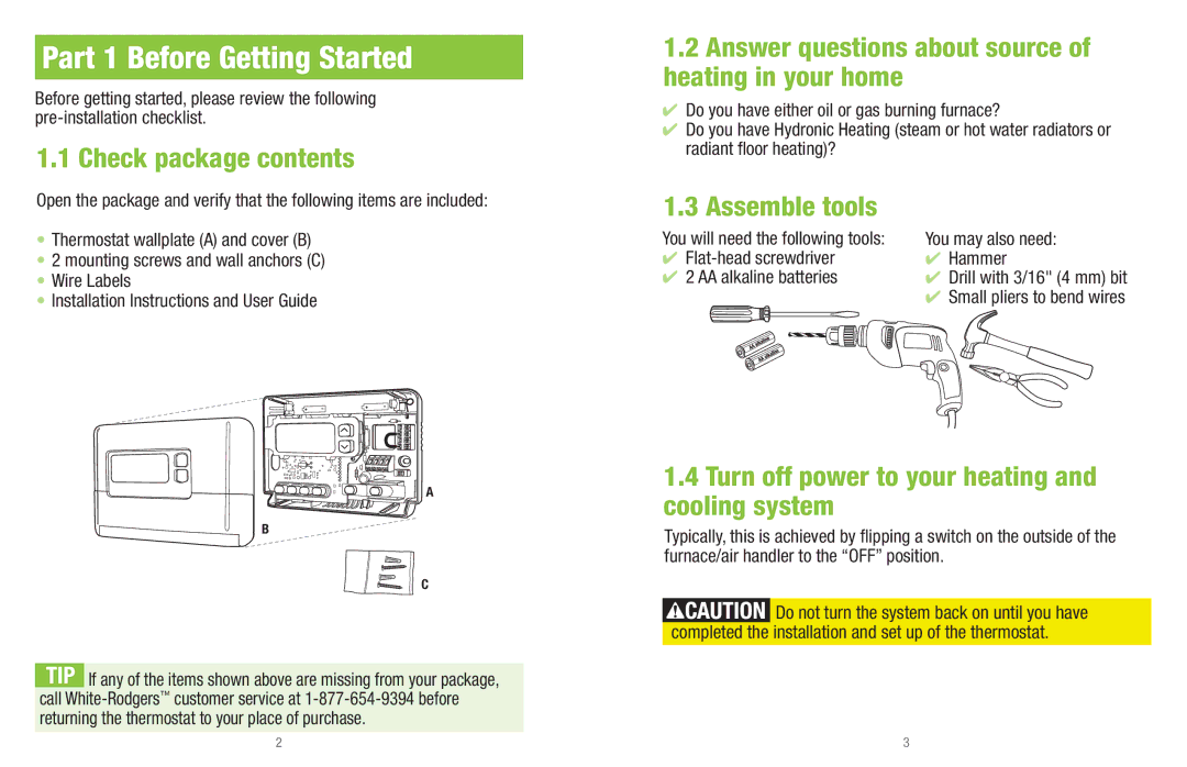 White Rodgers P200 Part 1 Before Getting Started, Assemble tools, Turn off power to your heating and cooling system 