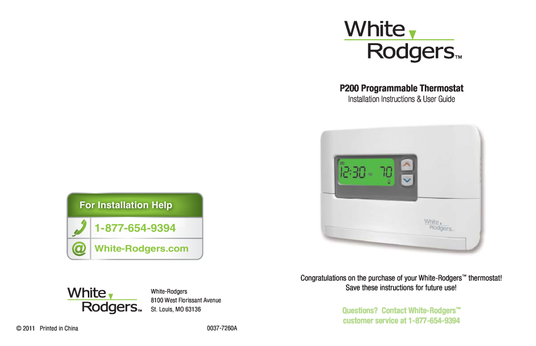 White Rodgers installation instructions P200 Programmable Thermostat, ForFoFoFor InInstallation Helpp, St. Louis, MO 
