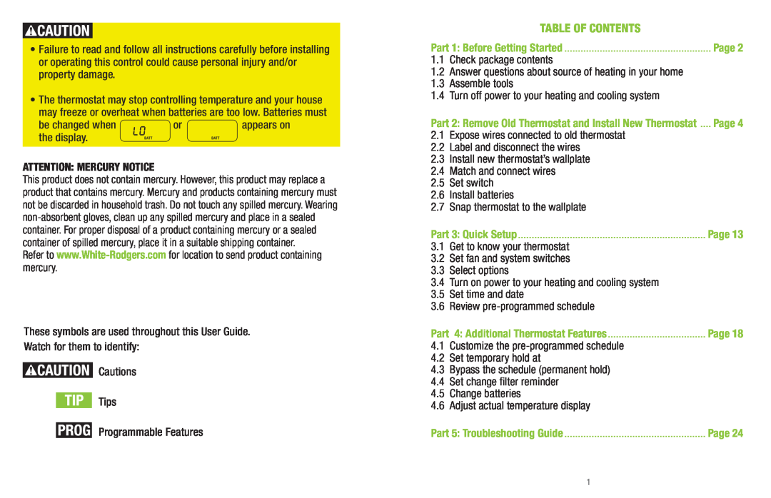 White Rodgers P200 installation instructions Table Of Contents 