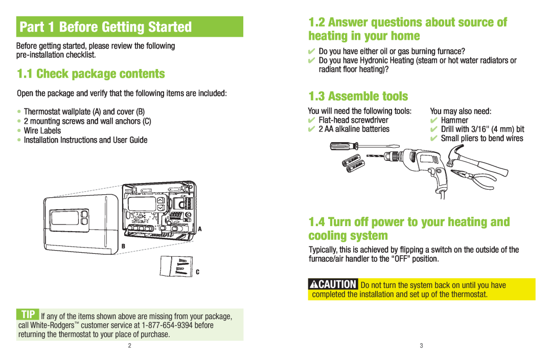 White Rodgers P200 installation instructions Part 1 Before Getting Started, Check package contents, Assemble tools 