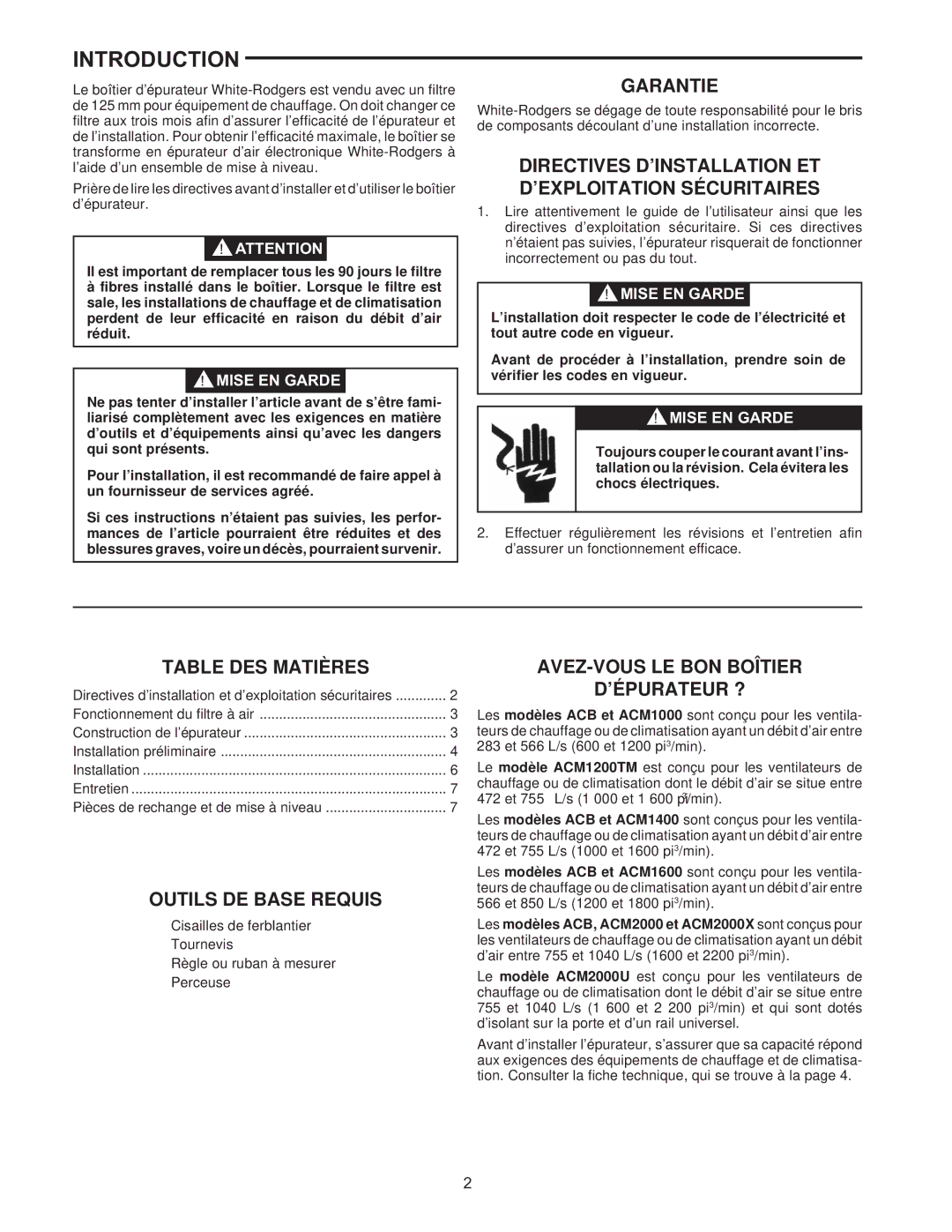 White Rodgers pmnACM/ACB owner manual Introduction, Garantie, Table DES Matières, Outils DE Base Requis 