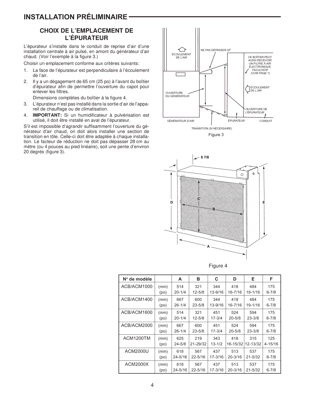 White Rodgers pmnACM/ACB owner manual Installation Préliminaire, Choix DE L’EMPLACEMENT DE ’ÉPURATEUR 