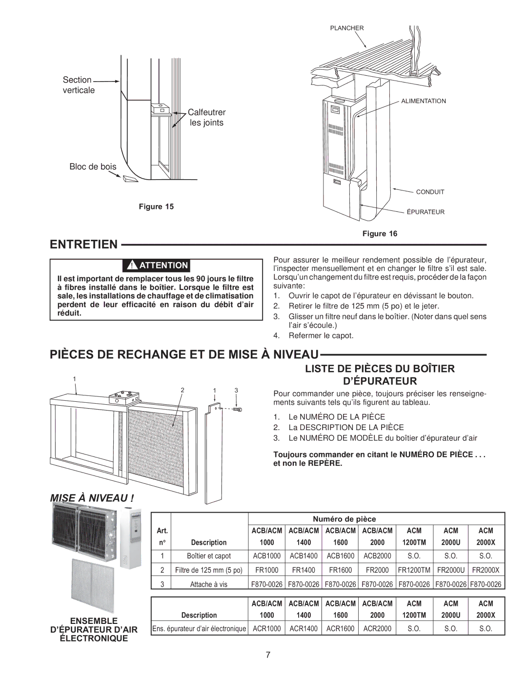 White Rodgers pmnACM/ACB owner manual Entretien, Pièces DE Rechange ET DE Mise À Niveau 