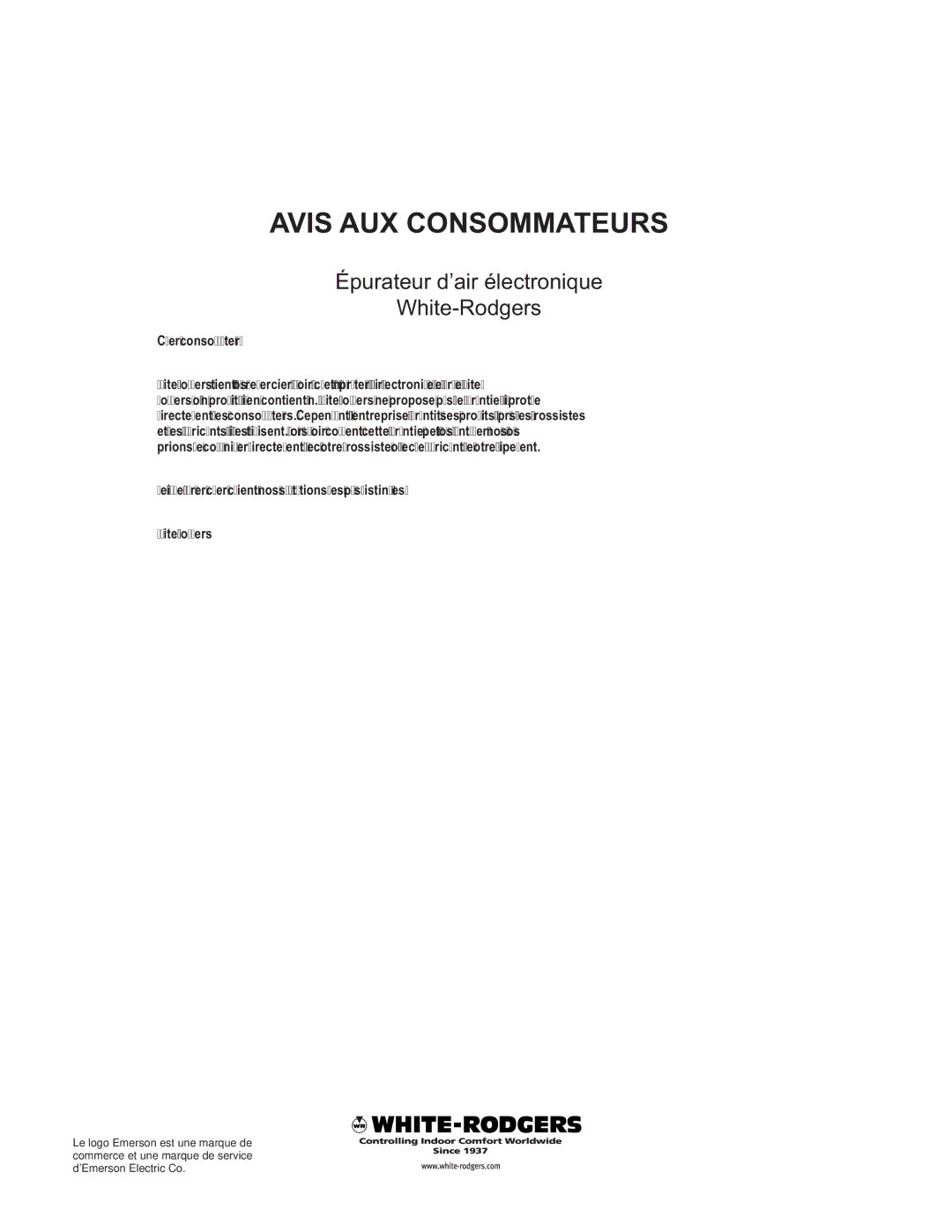 White Rodgers pmnACM/ACB owner manual Avis AUX Consommateurs 