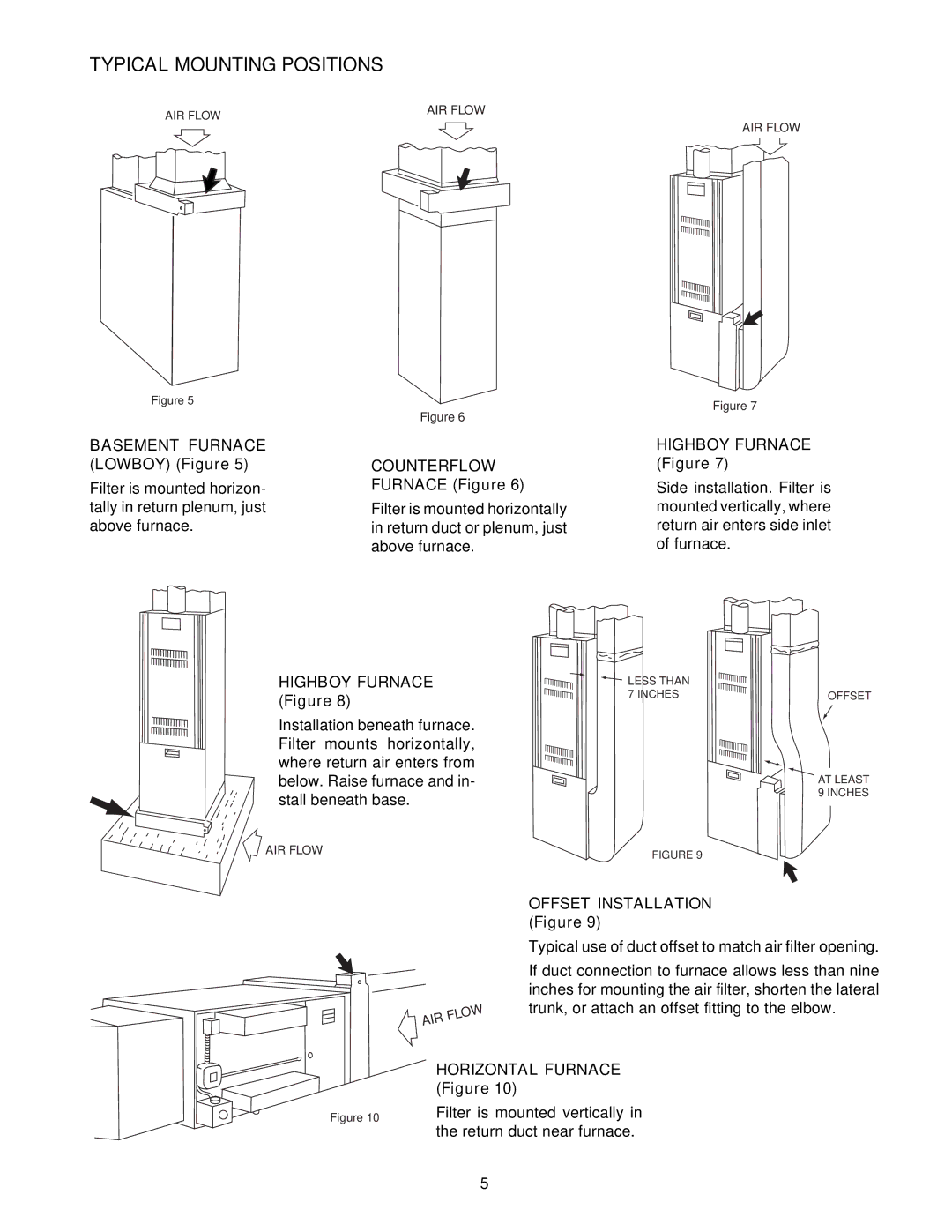 White Rodgers pmnACM/ACB owner manual Typical Mounting Positions, Basement Furnace Lowboy Figure, Furnace Figure 