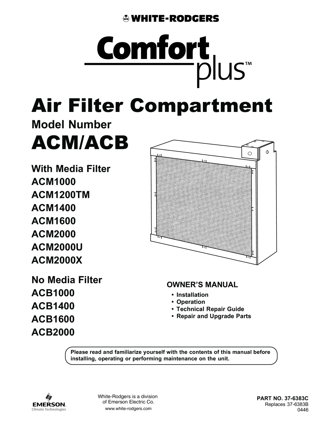 White Rodgers pmnACM/ACB owner manual Air Filter Compartment, Acm/Acb, Model Number, Repair and Upgrade Parts 