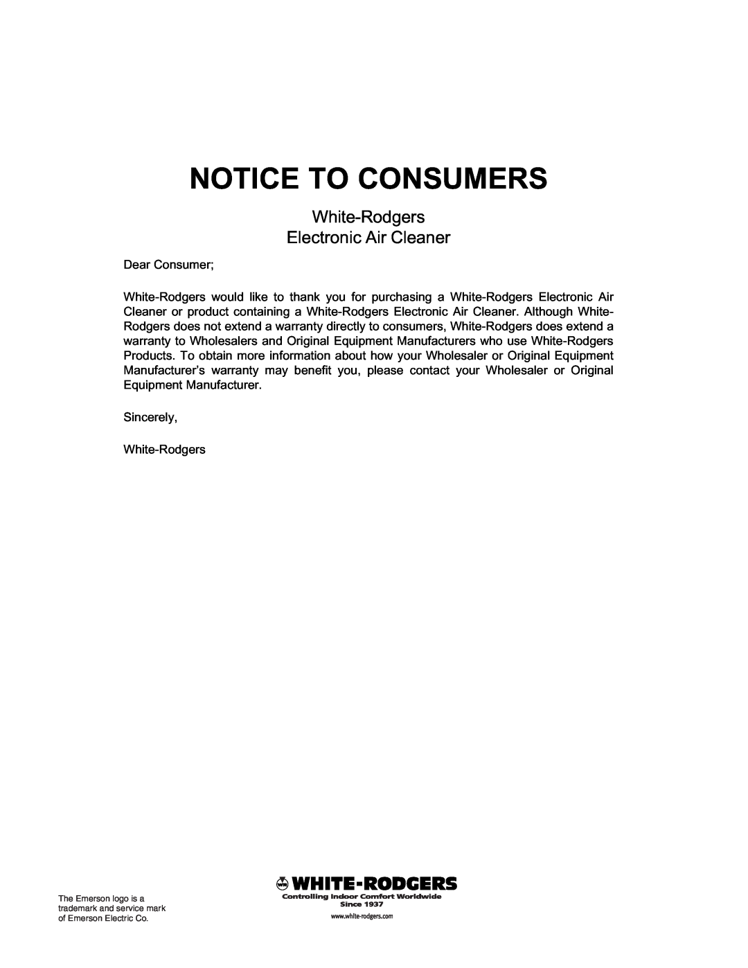 White Rodgers pmnACM/ACB owner manual Notice To Consumers, White-Rodgers Electronic Air Cleaner 
