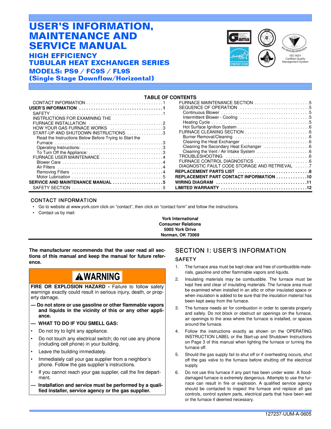 White Rodgers FL9S, PS9, FC9S service manual Section I USER’S Information, Table of Contents, Contact Information, Safety 