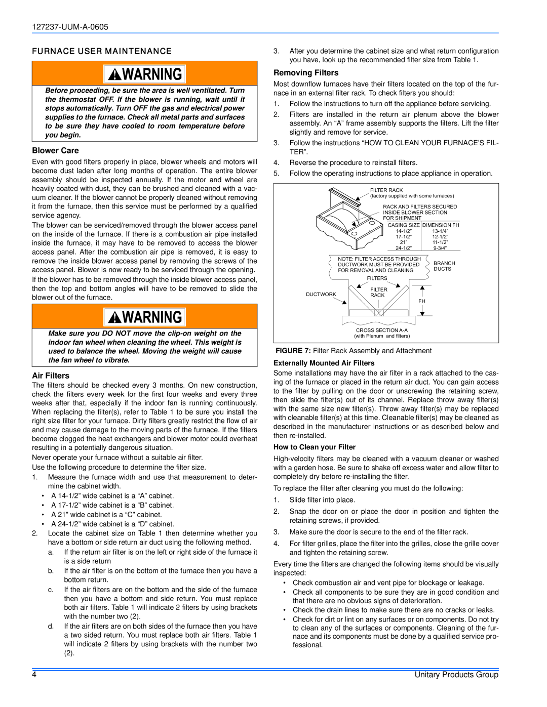 White Rodgers FL9S, PS9, FC9S service manual Furnace User Maintenance, Blower Care, Air Filters, Removing Filters 