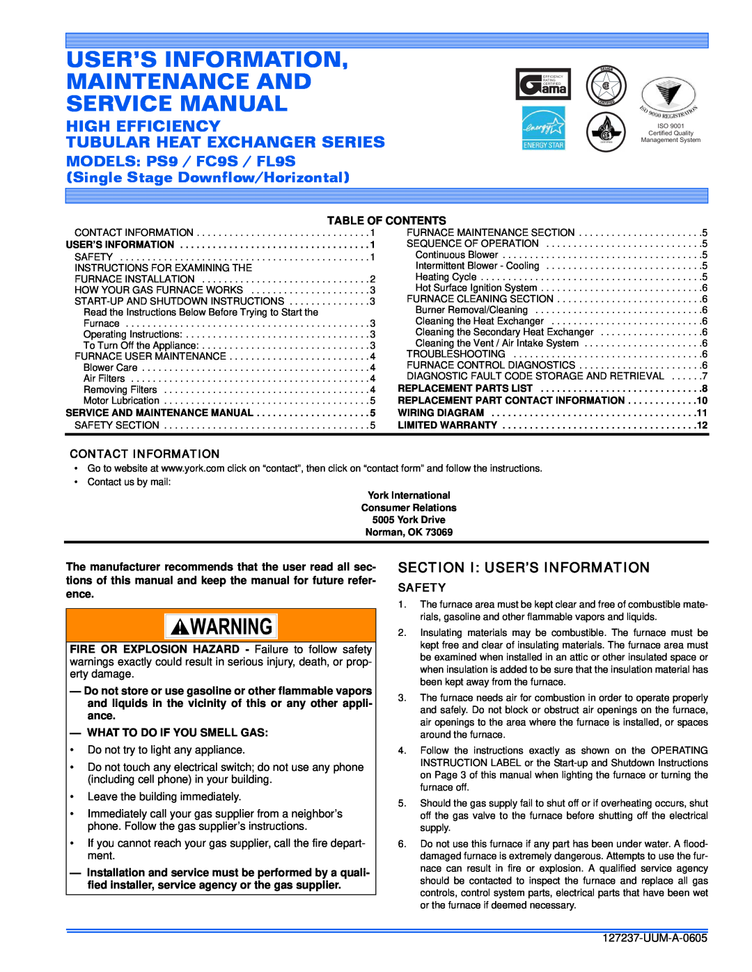 White Rodgers FL9S, PS9, FC9S service manual Section I User’S Information, Table Of Contents, Contact Information, Safety 