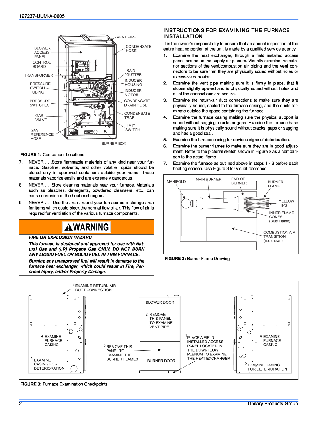 White Rodgers FC9S, PS9, FL9S service manual Instructions For Examining The Furnace, Installation, Fire Or Explosion Hazard 