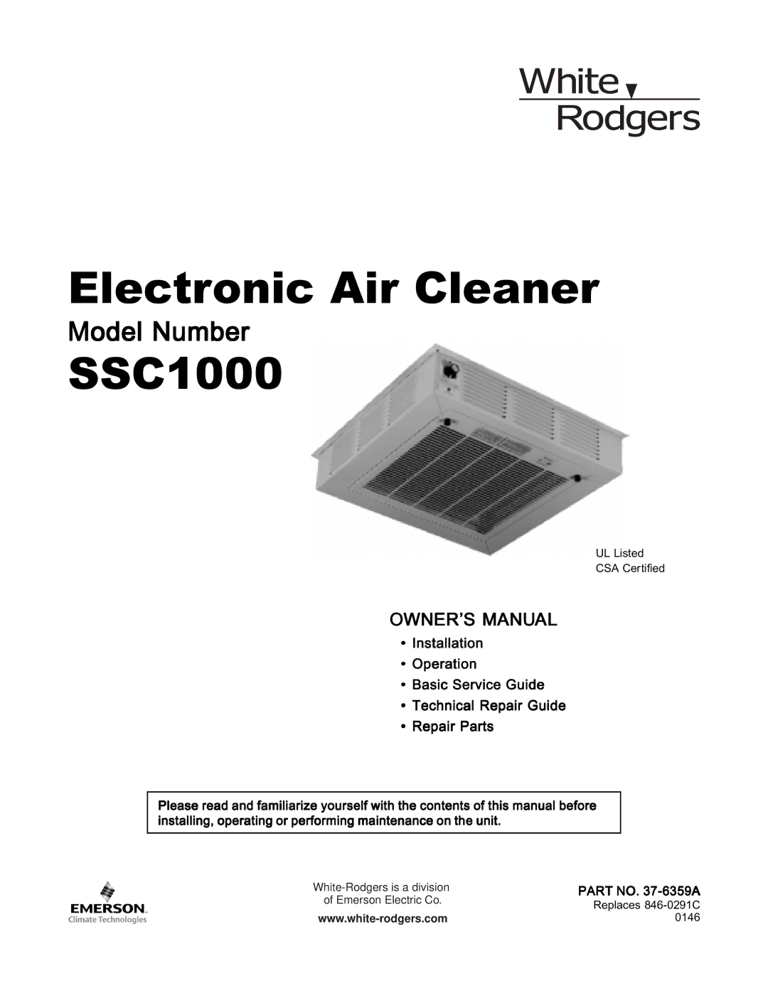 White Rodgers SSC1000 manual Electronic Air Cleaner 