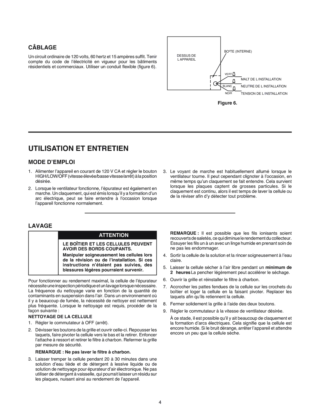 White Rodgers SSC1000 manual Utilisation ET Entretien, Câblage, Mode D’EMPLOI, Lavage 