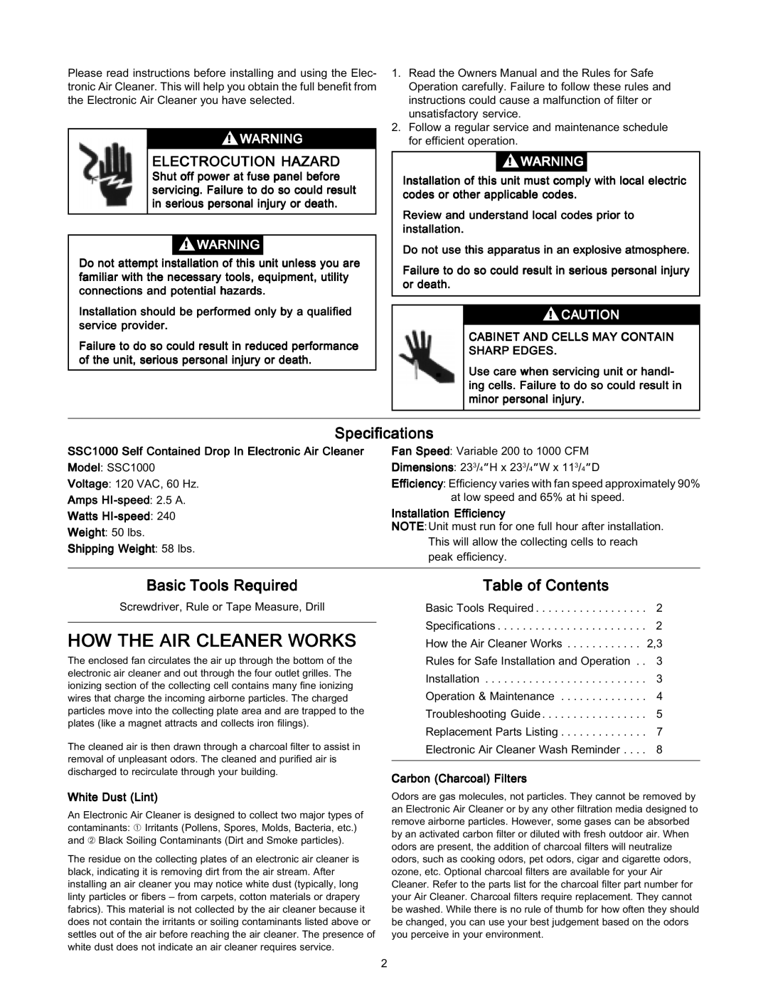 White Rodgers SSC1000 manual HOW the AIR Cleaner Works, Electrocution Hazard 