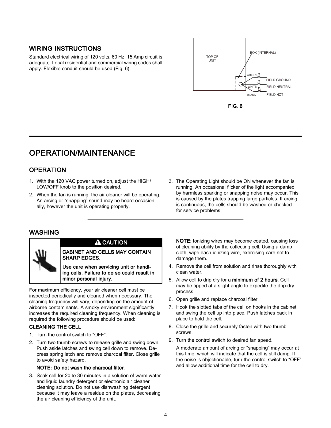 White Rodgers SSC1000 manual Operation/Maintenance, Wiring Instructions, Washing 