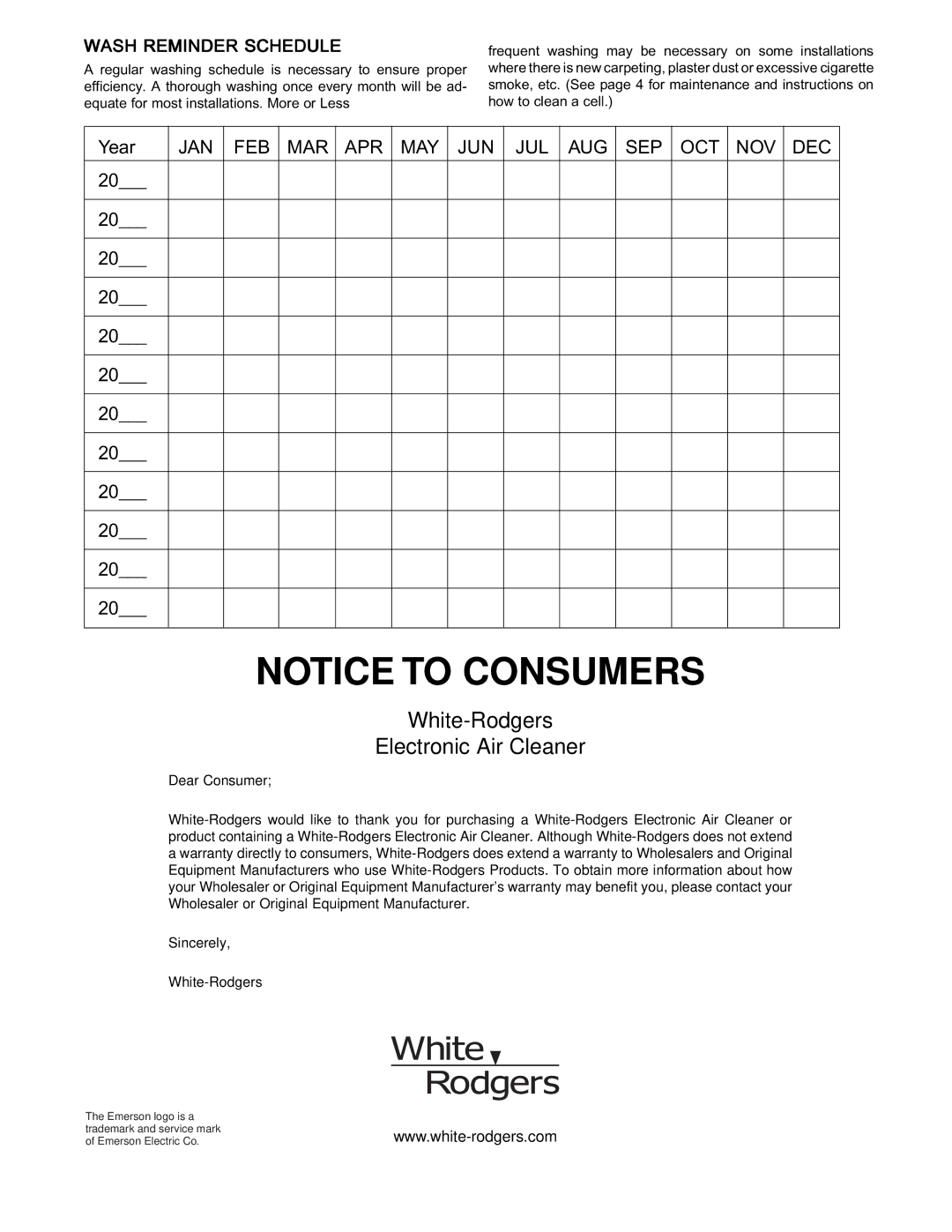 White Rodgers SSC1000 manual White-Rodgers Electronic Air Cleaner, Wash Reminder Schedule 