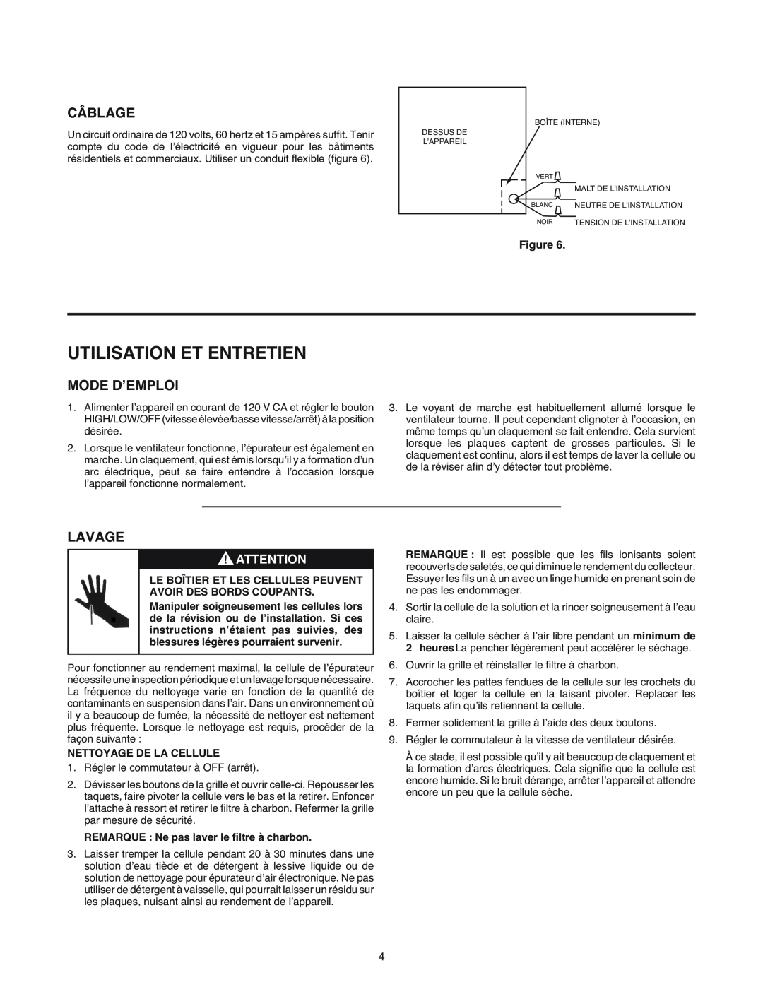 White Rodgers SSC1000 manual Utilisation Et Entretien, Câblage, Mode D’Emploi, Lavage, Nettoyage De La Cellule 