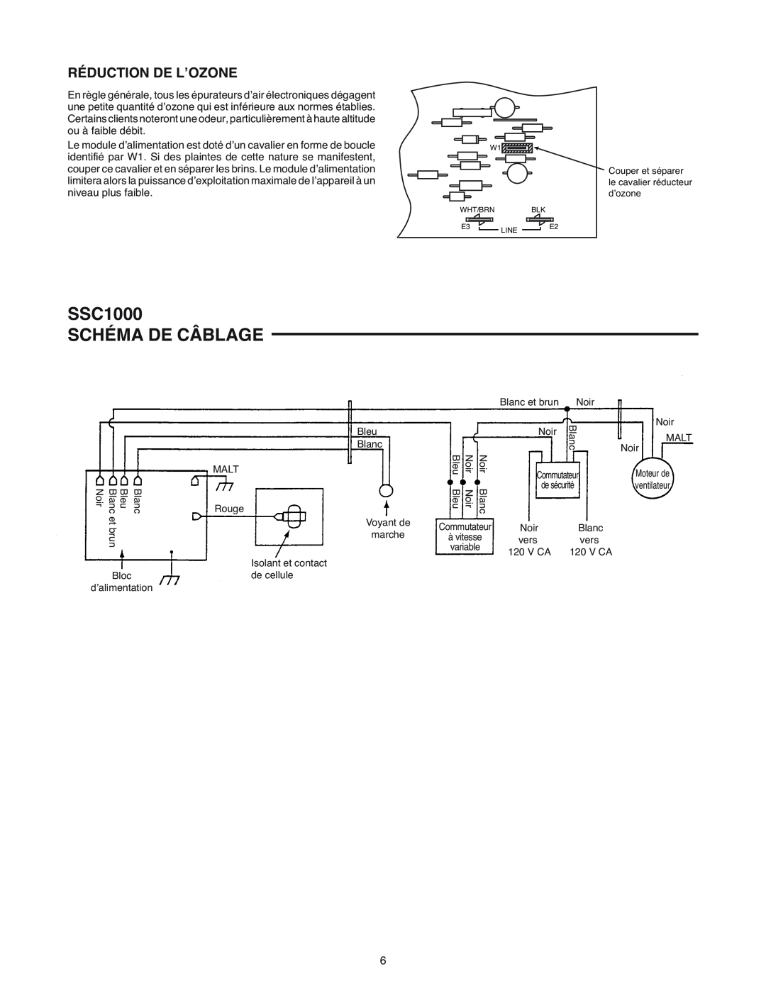 White Rodgers manual SSC1000 SCHÉMA DE CÂBLAGE, Réduction De L’Ozone 