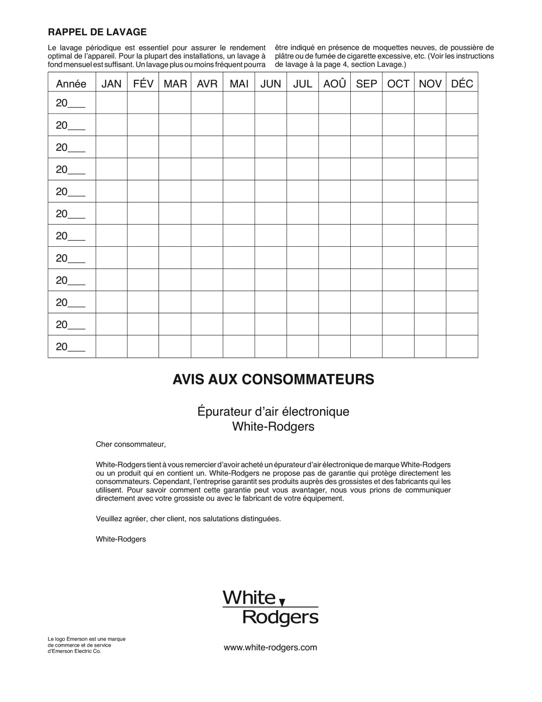 White Rodgers SSC1000 manual Épurateur d’air électronique White-Rodgers, Rappel De Lavage, Avis Aux Consommateurs 