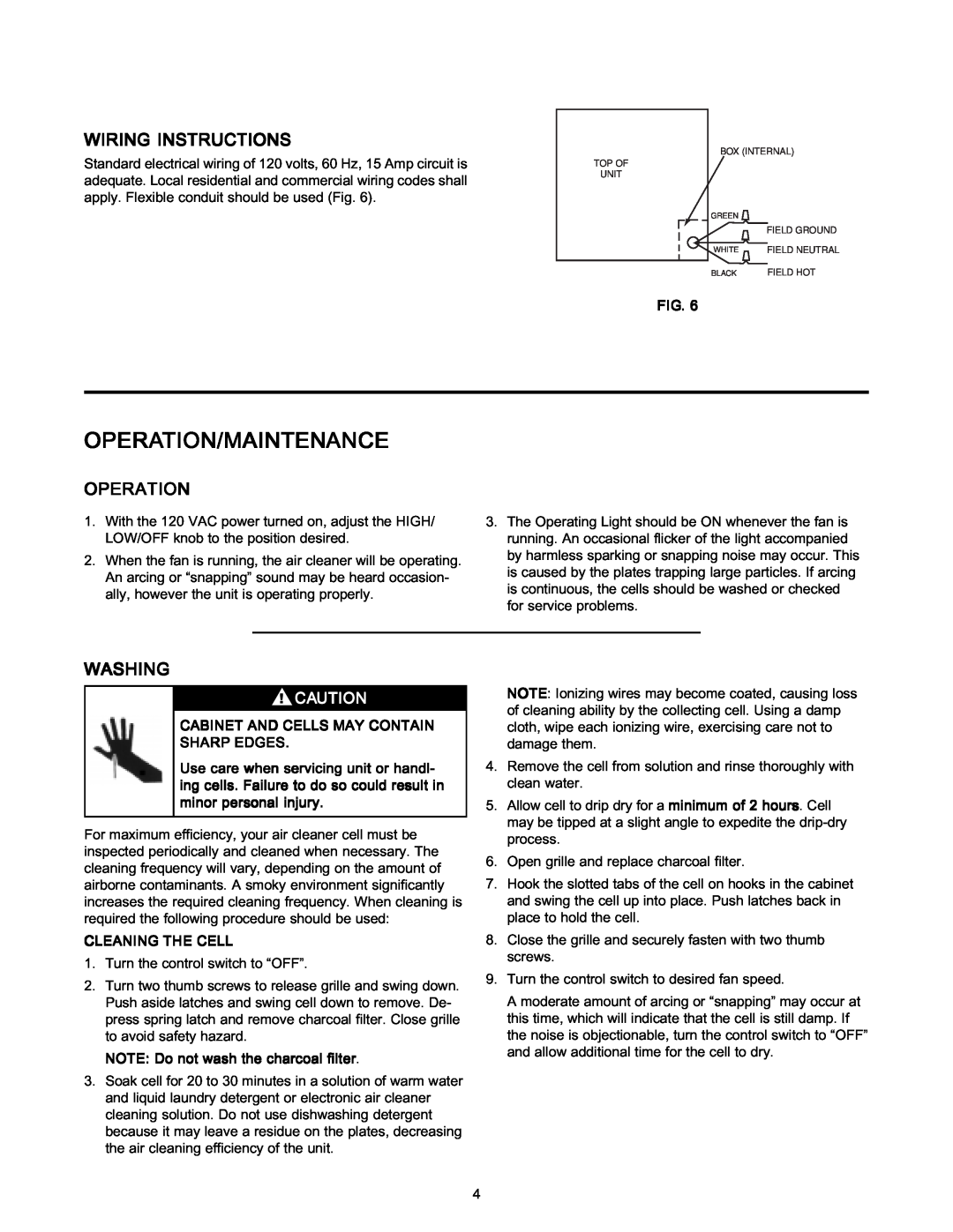 White Rodgers SSC1000 manual Operation/Maintenance, Wiring Instructions, Washing 